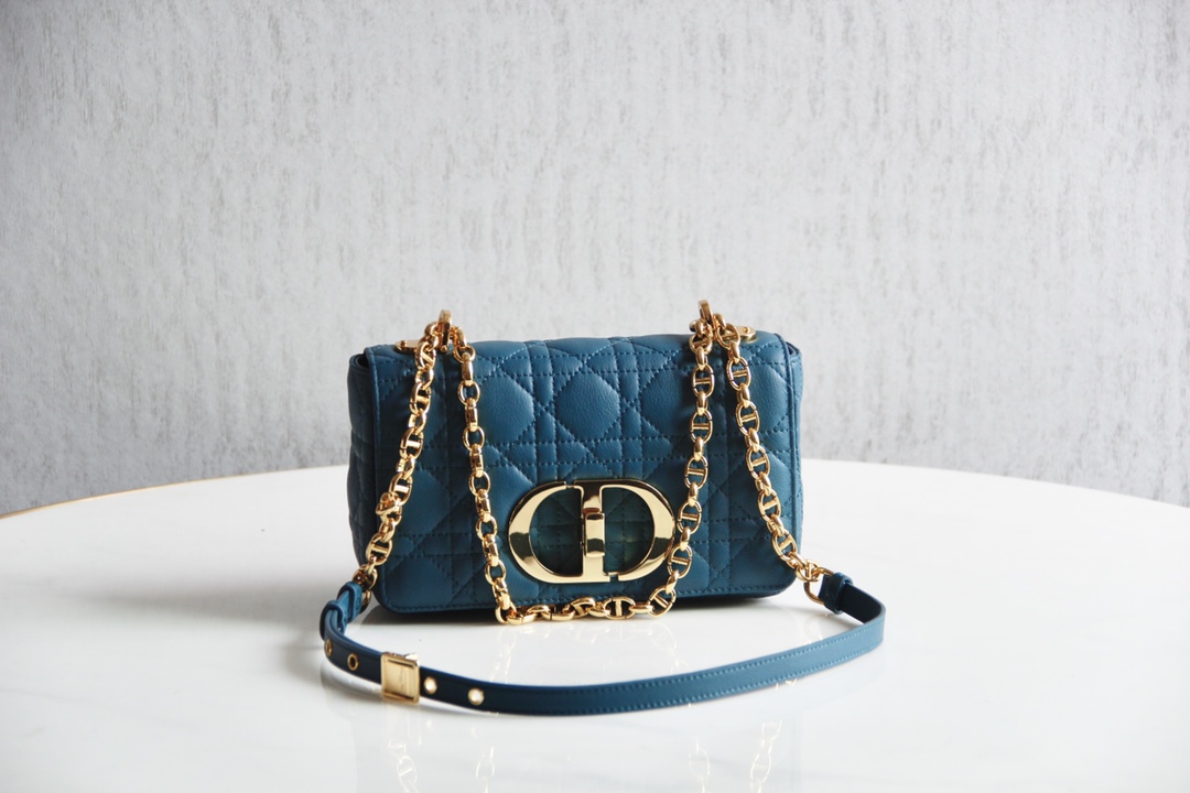 Small Dior Caro Bag Blue Supple Cannage Calfskin